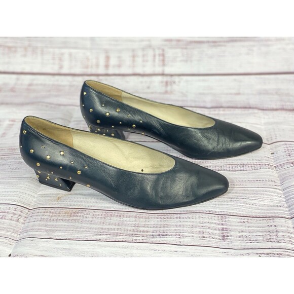 Vintage 80s Stuart Weitzman Navy Leather Gold Studded Kitten Heels Womens Sz 7.5 - Picture 1 of 6